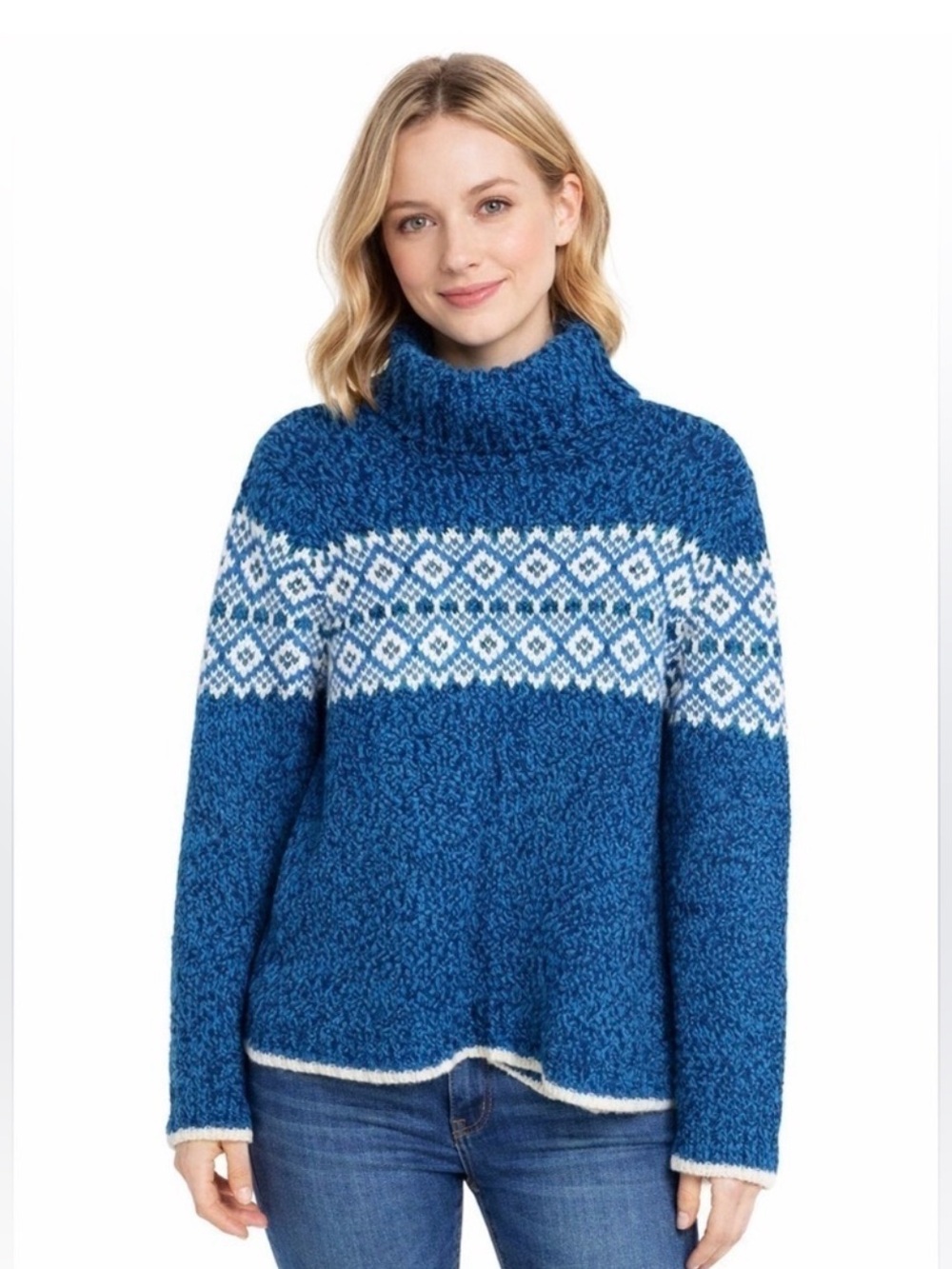 Carolyn Taylor Blue Nordic Fair Isle Turtleneck Sweater Petite M/M